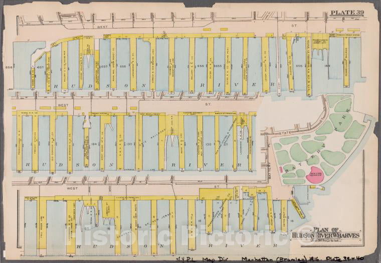 Historic 1916 Map - Plate 39: [Bounded By Perry Street, West Street, Battery Place, Vintage Wall Art