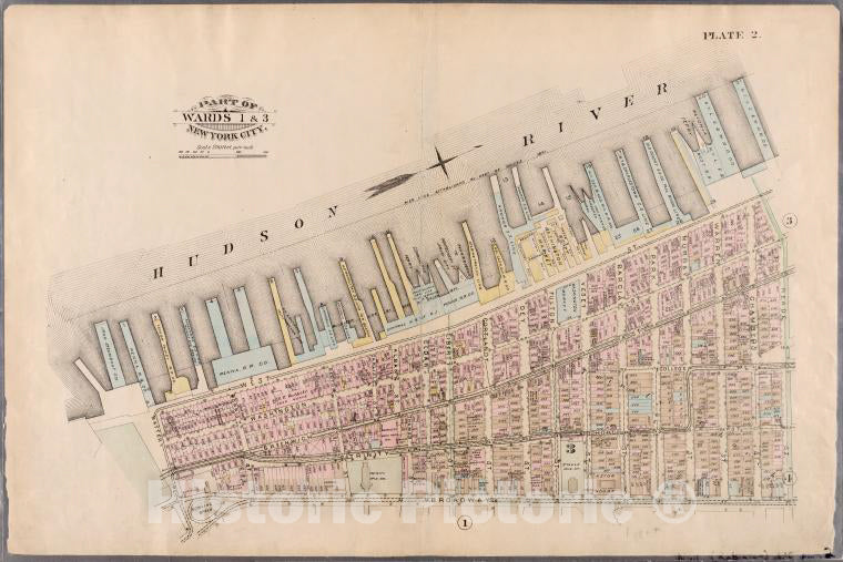 Historic Map - 1885 New York (N.Y.), [Plate 2: Bounded By West Street, (Hudson River, Piers 1-21), Reade Street, Broadway, And Battery Place.] - Vintage Wall Art