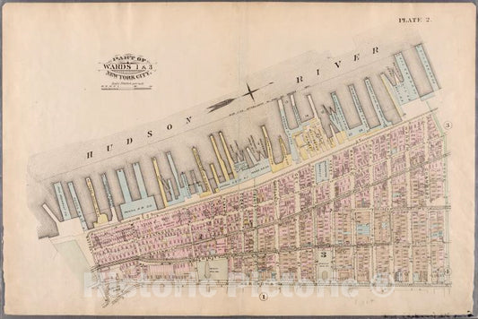 Historic Map - 1885 New York (N.Y.), [Plate 2: Bounded By West Street, (Hudson River, Piers 1-21), Reade Street, Broadway, And Battery Place.] - Vintage Wall Art