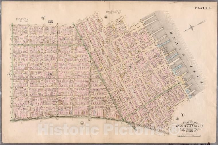 Historic Map - 1885 New York (N.Y.) Plate 5: Clinton, Madison, Jefferson, Cherry, Rutgers Slip, South (East River, Piers 32-44), James Slip, New Chambers, Bowery - Vintage Wall Art