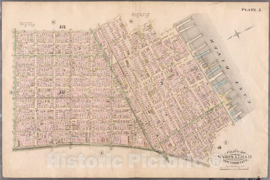 Historic Map - 1885 New York (N.Y.) Plate 5: Clinton, Madison, Jefferson, Cherry, Rutgers Slip, South (East River, Piers 32-44), James Slip, New Chambers, Bowery - Vintage Wall Art
