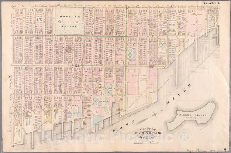 Historic Map - 1885 New York (N.Y.) [Plate 7: Ave A, E. 23Rd Street, Harbor Comm. Pier Line (East River, Rikers Island), Tompkins Street, And E. 3Rd Street.] - Vintage Wall Art