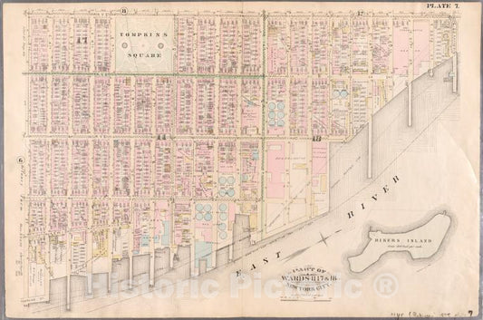 Historic Map - 1885 New York (N.Y.) [Plate 7: Ave A, E. 23Rd Street, Harbor Comm. Pier Line (East River, Rikers Island), Tompkins Street, And E. 3Rd Street.] - Vintage Wall Art