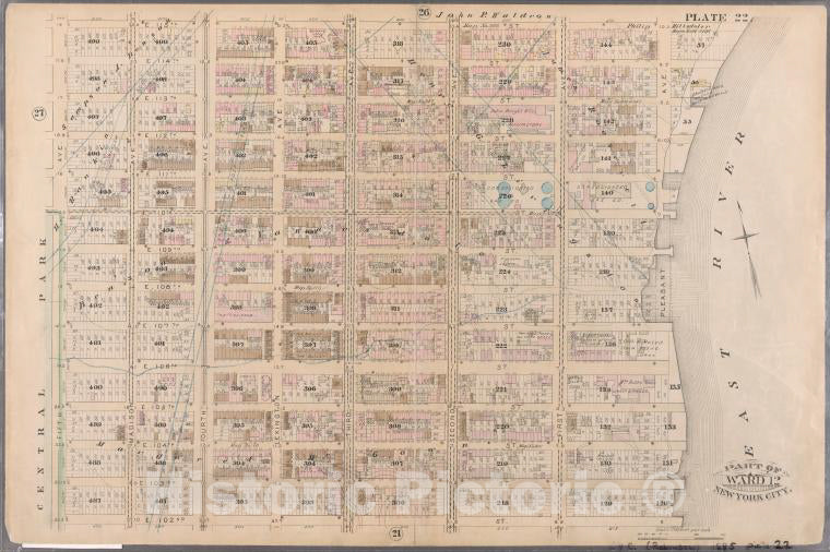 Historic Map - 1885 New York (N.Y.), [Plate 22: Bounded By E. 115Th Street, East River (Pleasant Avenue), E. 102Nd Street And Fifth Avenue.] - Vintage Wall Art