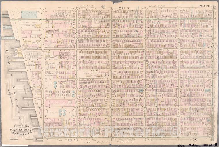 Historic Map - 1885 New York (N.Y.), Plate 11: Bounded By W. 27Th Street, Sixth Avenue, W. 14Th Street, And (Hudson River Bulkhead Line, Piers 50-56) 13Th Avenue. - Vintage Wall Art
