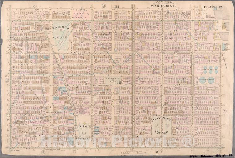 Historic Map - 1885 New York (N.Y.), Plate 12: Bounded By W. 27Th Street, E. 27Th Street, First Ave, E. 26Th Street, Ave A, E. 14Th Street, And Sixth Ave. - Vintage Wall Art