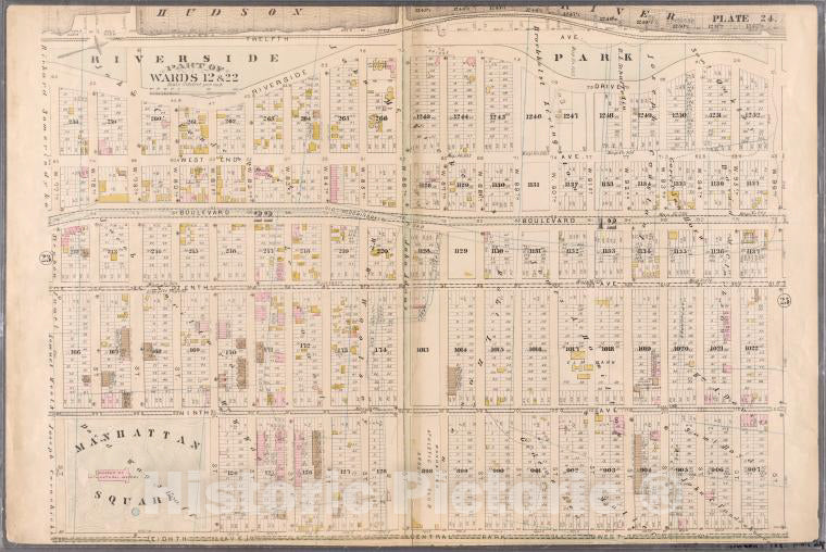 Historic Map - 1885 New York (N.Y.) [Plate 24: Twelfth Ave (Hudson River), W. 96Th St, Central Park West (Eighth Ave), W. 80Th St, Ninth Ave And W. 77Th] - Vintage Wall Art