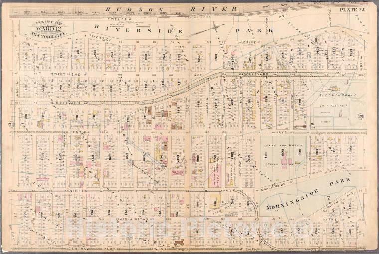 Historic Map - 1885 New York (N.Y.), Plate 25: Bounded By Hudson River (Twelfth), W. 116Th St, 113Rd St, Tenth, W. 116Th St, Eighth, Central Park West, And W. 96Th - Vintage Wall Art