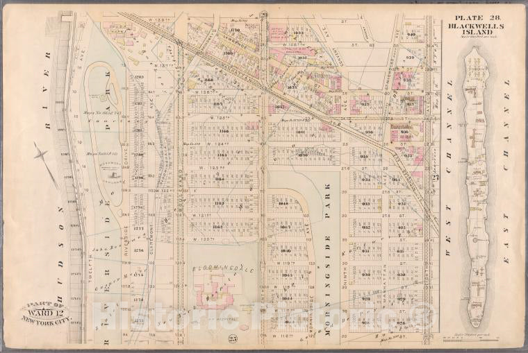 Historic Map - 1885 New York (N.Y.) [Plate 28: W. 129Th St, (Eighth) West Channel, W. 116Th St, Tenth, W. 120Th St, W. 116Th St And (Hudson River) Twelfth.] - Vintage Wall Art