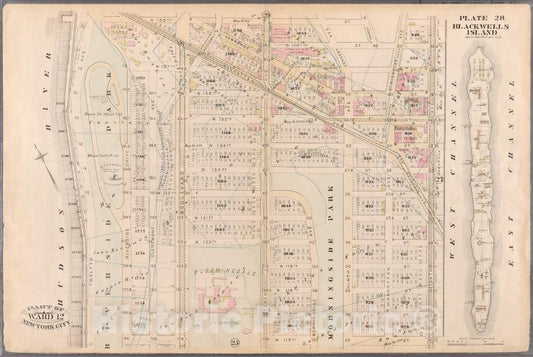 Historic Map - 1885 New York (N.Y.) [Plate 28: W. 129Th St, (Eighth) West Channel, W. 116Th St, Tenth, W. 120Th St, W. 116Th St And (Hudson River) Twelfth.] - Vintage Wall Art