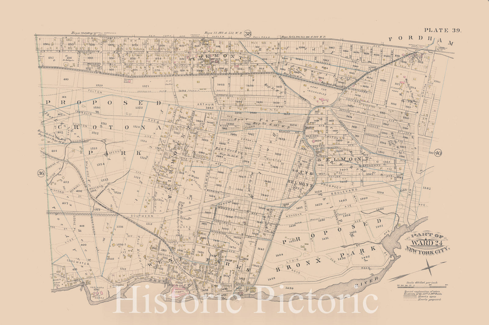 Historic Map - 1885 New York (N.Y.), [Plate 39: Vanderbilt Avenue, Pelham Avenue, Boston Road.] - Vintage Wall Art