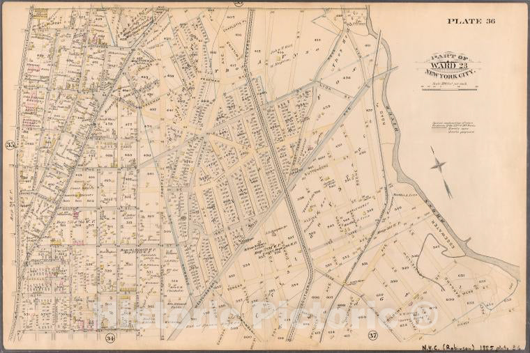 Historic Map - 1885 New York (N.Y.), Plate 36: Bounded By Horton, Third Boston Road, Briston, Bronx River, Dickey, Hunt'S Point Road, Southern, Clifton And Third. - Vintage Wall Art
