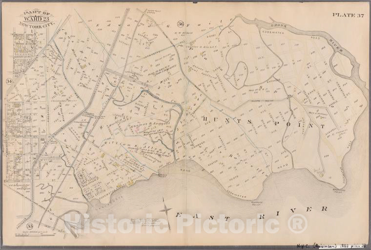 Historic Map - 1885 New York (N.Y.), [Plate 37: Bounded By Westchester Avenue. Edgewater Road.Robbins Avenue.] - Vintage Wall Art