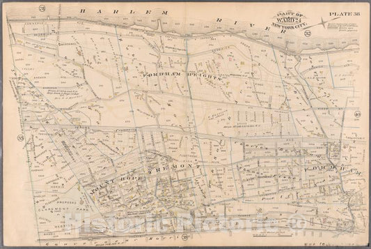 Historic Map - 1885 New York (N.Y.), [Plate 38: Bounded By Harlem River, Highbridge Road, Jerome Avenue, Primrose Street, Vanderbilt Avenue.] - Vintage Wall Art