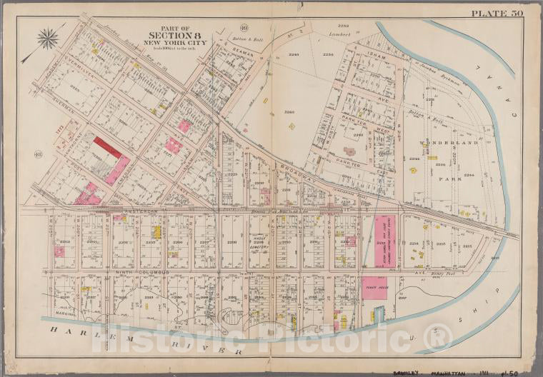 Historic 1911 Map - [Plate 50: Bounded By Broadway, Emerson Street, Seaman Avenue, I - Vintage Wall Art