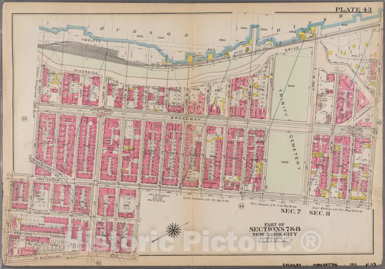 Historic 1911 Map - [Plate 43: Bounded By Hudson River (Riverside Drive), W. 158Th S - Vintage Wall Art
