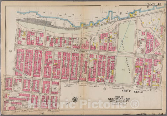 Historic 1911 Map - [Plate 43: Bounded By Hudson River (Riverside Drive), W. 158Th S - Vintage Wall Art