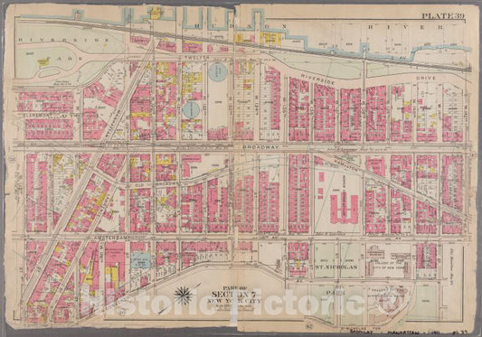 Historic 1911 Map - [Plate 39: Bounded By Twelfth Avenue (Hudson River), Riverside D - Vintage Wall Art