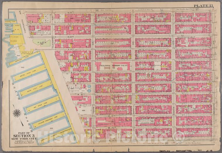 Historic 1911 Map - [Plate 13: Bounded By W. 25Th Street, Seventh Avenue, W. 14Th St - Vintage Wall Art