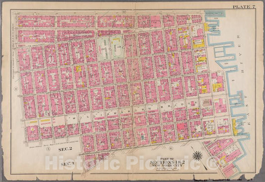 Historic 1911 Map - [Plate 7: Bounded By E. 3Rd Street, [East River, Piers 60-64] To - Vintage Wall Art