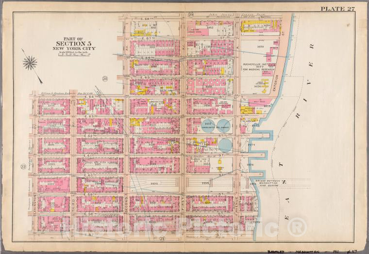Historic 1911 Map - [Plate 27: Bounded By E. 64Th Street, Second Avenue, E. 68Th Str - Vintage Wall Art