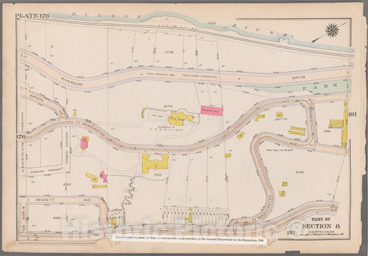 Historic 1916 Map - Plate 178: [Bounded By Riverside Drive (Hudson River), Corbin Pl - Vintage Wall Art