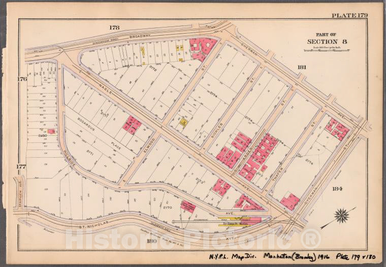 Historic 1916 Map - Plate 179: [Bounded By Broadway, Sherman Avenue, Dyckman Street, Vintage Wall Art