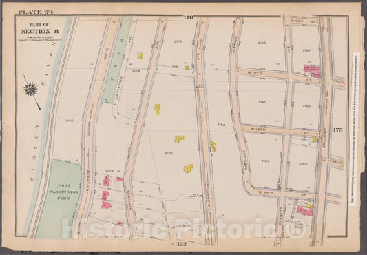 Historic 1916 Map - Plate 174: [Hudson River. W. 189Th Street. Broadway, W. - Vintage Wall Art