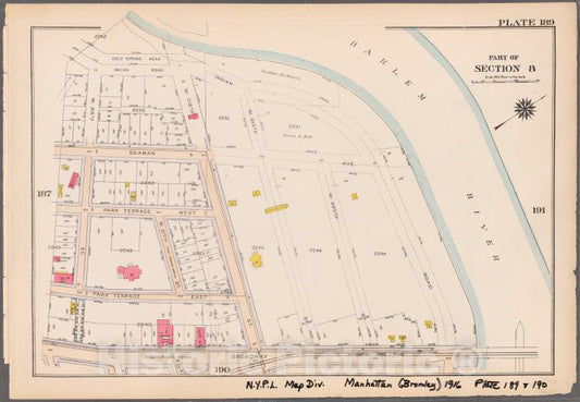 Historic 1916 Map - Plate 189: [Bounded By Cold Spring Road, Indian Road (Harlem Riv - Vintage Wall Art