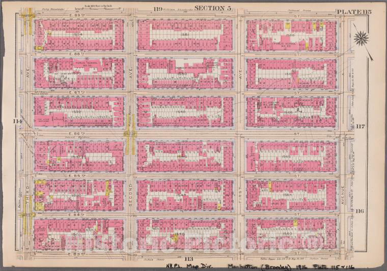 Historic 1916 Map - Plate 115: [Bounded By E. 89Th Street, Avenue A, E. 83Rd Street - Vintage Wall Art