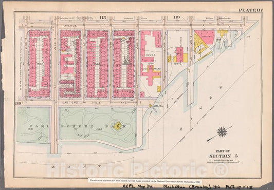 Historic 1916 Map - Plate 117: [Bounded By Avenue A, E. 91St Street, East River, Eas - Vintage Wall Art