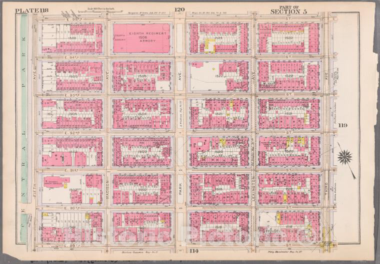 Historic 1916 Map - Plate 118: [Bounded By E. 95Th Street, Third Avenue, E. 89Th Str - Vintage Wall Art