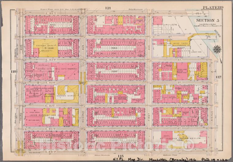 Historic 1916 Map - Plate 119: [Bounded By E. 95Th Street, East River, Avenue A, E. - Vintage Wall Art