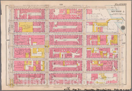 Historic 1916 Map - Plate 119: [Bounded By E. 95Th Street, East River, Avenue A, E. - Vintage Wall Art