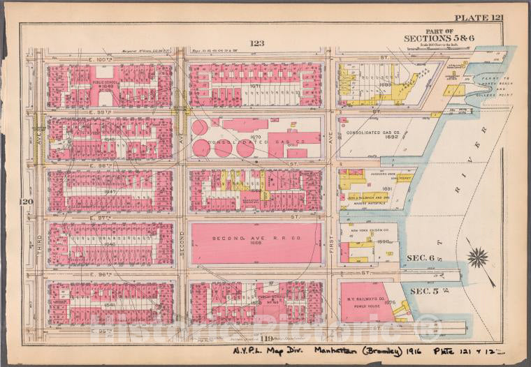 Historic 1916 Map - Plate 121: [Bounded By E. 100Th Street, (East River Piers) First - Vintage Wall Art
