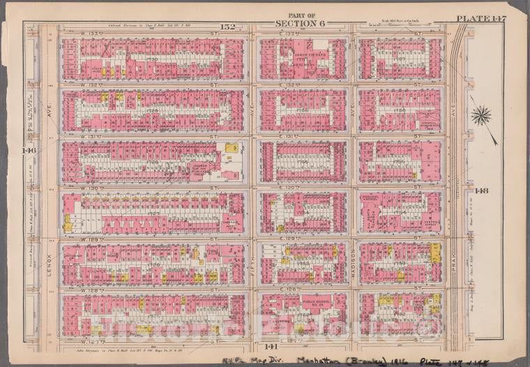 Historic 1916 Map - Plate 147: [Bounded By W. 133Rd Street, E. 133Rd Street, Park Av - Vintage Wall Art