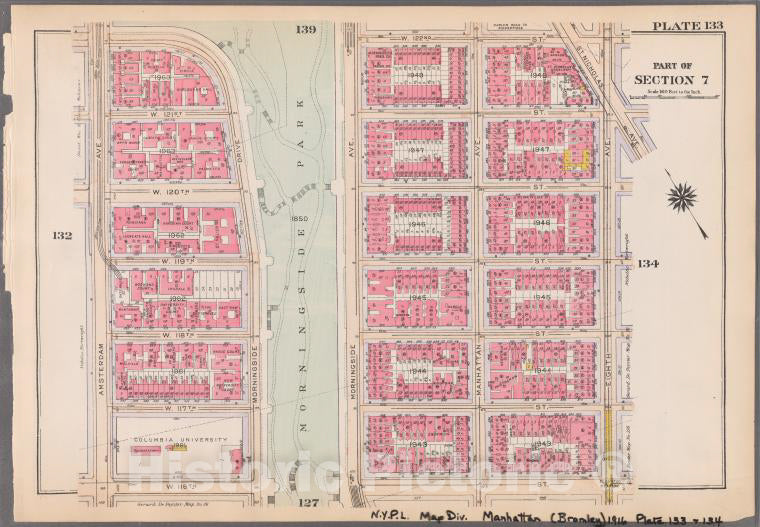 Historic 1916 Map - Plate 133: [Bounded By W. 122Nd Street, St. Nicholas Avenue, Eig - Vintage Wall Art