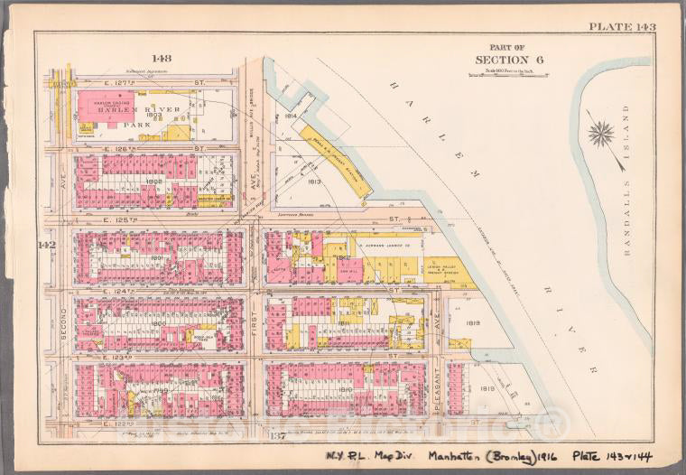 Historic 1916 Map - Plate 143: [Bounded By E. 127Th Street, First Avenue, E. 125Th S - Vintage Wall Art