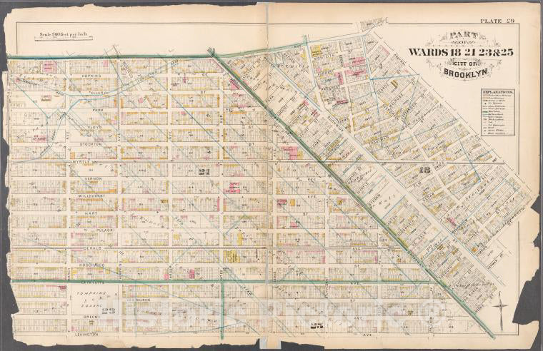 Historic 1880 Map - [Plate 29: Bounded By Flushing Avenue, Central Avenue, Himrod St - Vintage Wall Art