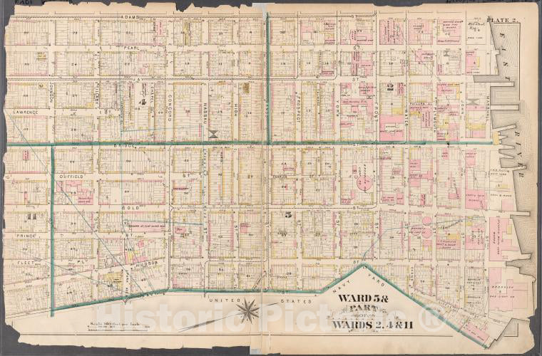 Historic 1880 Map - [Plate 2: Bounded By Adams Street, Marshall Street (East River), Vintage Wall Art