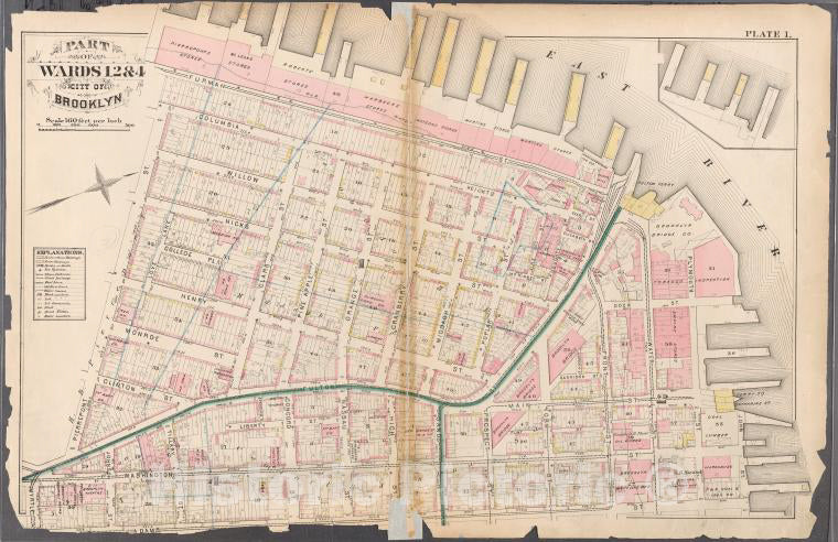 Historic 1880 Map - [Plate 1:Bounded By Furman Street (East River), Plymouth Street, Vintage Wall Art