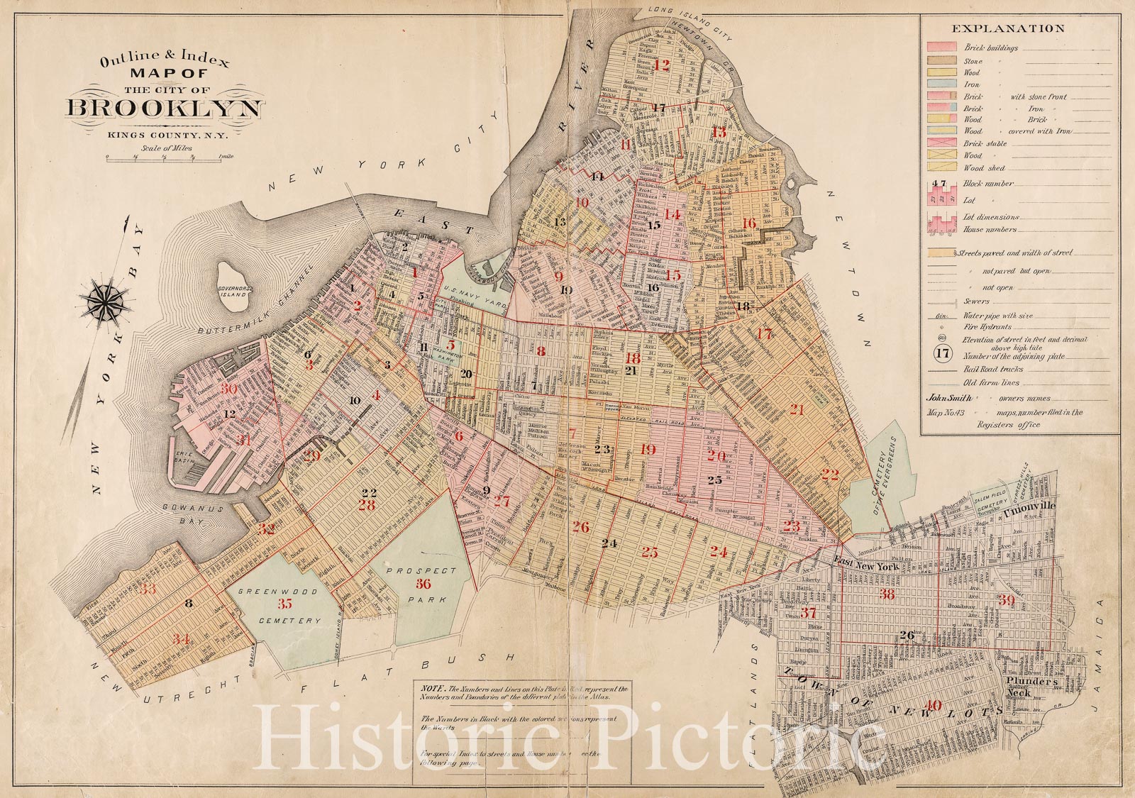 Historic 1886 Map - Outline & Index Map Of The City Of Brooklyn, Kings County, N.Y. - Vintage Wall Art