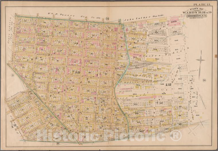 Historic 1886 Map - Plate 15: Bounded By Ten Eyck Street, Knickerbocker Avenue, Flus - Vintage Wall Art