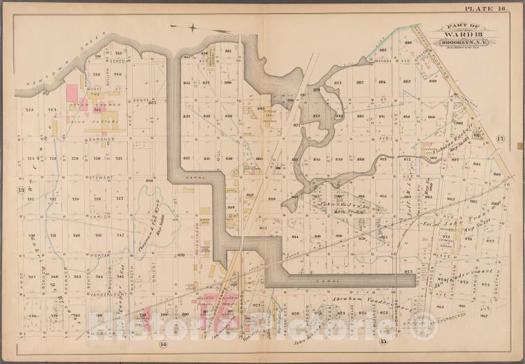 Historic 1886 Map - Plate 16: Bounded By (Newtown Creek) Seneca Avenue, Flushing Ave - Vintage Wall Art