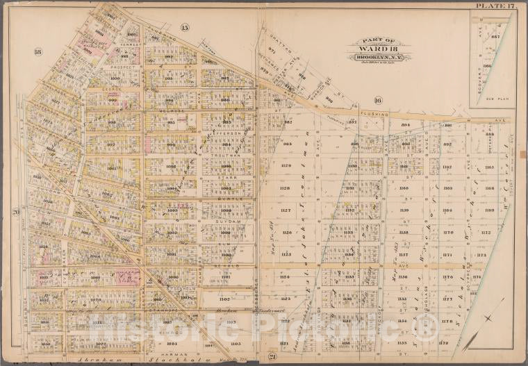 Historic 1886 Map - Plate 17: Bounded By Flushing Avenue, Knickerbocker Avenue, Grat - Vintage Wall Art