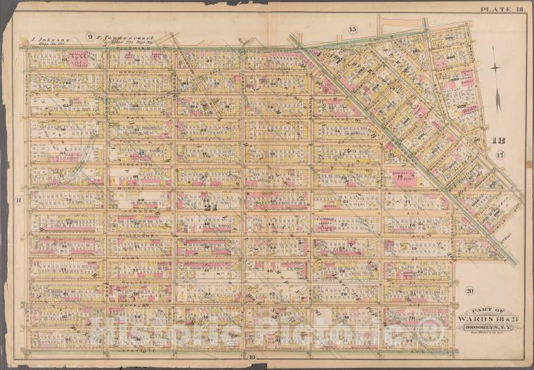 Historic 1886 Map - Plate 18: Bounded By Flushing Avenue, Bremen Street, Bushwick Av - Vintage Wall Art