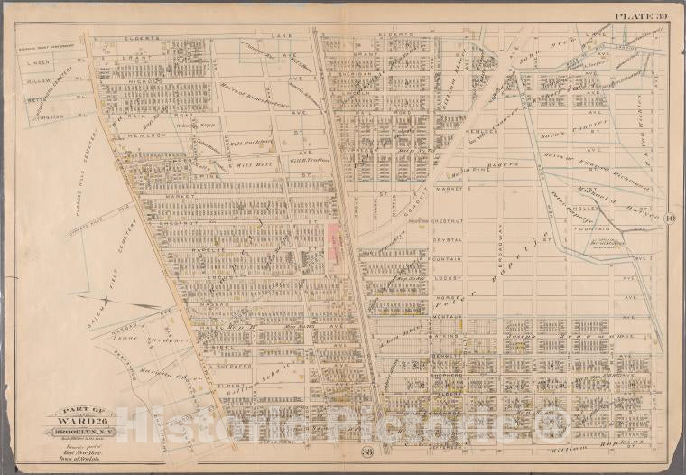 Historic 1886 Map - [Plate 39: Bounded By Elderts Lane, Duryea Avenue, Jefferson Str - Vintage Wall Art