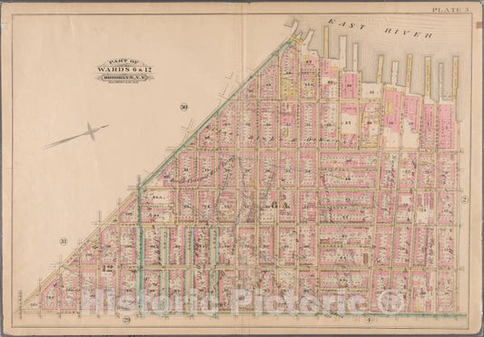 Historic 1886 Map - Plate 3: Bounded By Van Brunt Street (East River), Harrison Stre - Vintage Wall Art