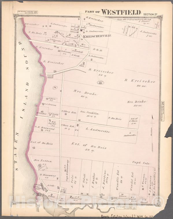 Historic 1874 Map - Part Of Westfield. - Staten Island (New York, N.Y.)- Atlas Of Staten Island, Richmond County - Vintage Wall Art, V3