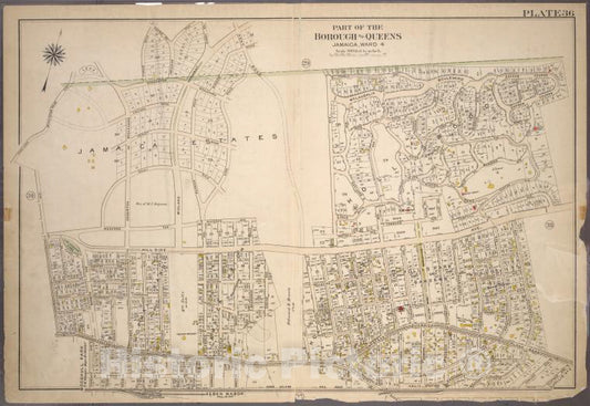 Historic 1909 Map - [Plate 36: Bounded By (Jamaica Estates) Hillside Avenue, Flushin - Vintage Wall Art